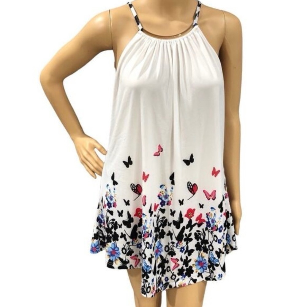 Floral Butterfly Straps Gold/Neck/Detail Asymmetric Flare Tunic Top Sz 2XL